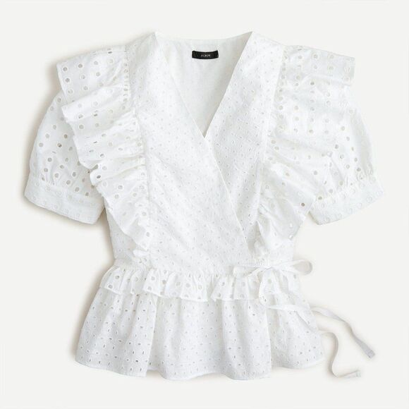 J. Crew Ruffle Wrap Top in Eyelet White NWT Womens Size M Medium - Picture 1 of 11